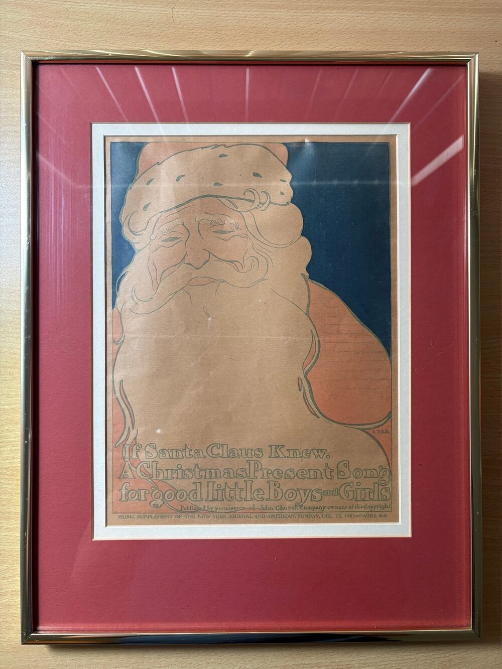 Vtg 1901 Double Matted Hand-Stamped Christmas Print - Framed